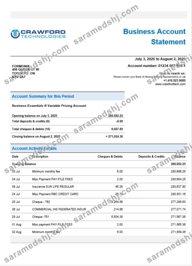 CrawfordTech business bank statement Word and PDF format
